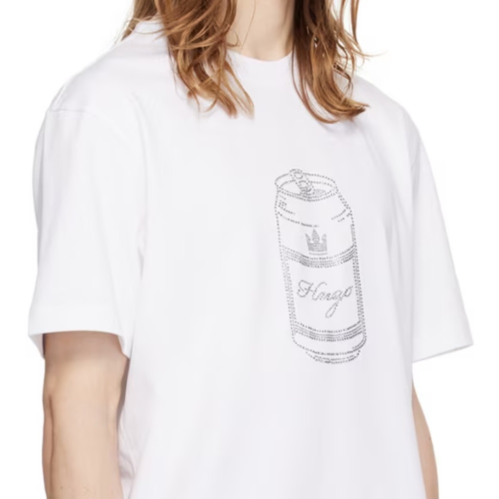 HUGO NWT Cotton jersey T-shirt - Rib knit crewneck - Crystal-cut - rhinestones